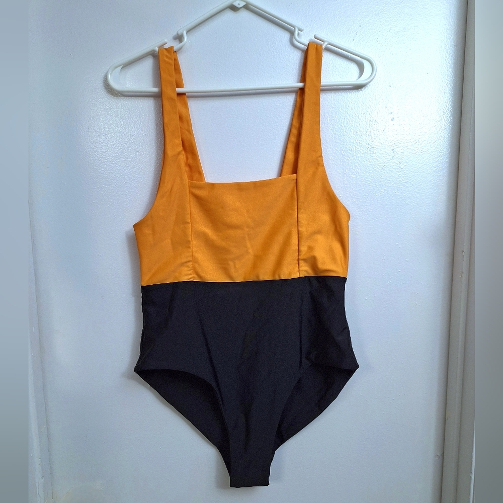 KHONGBOON High Rise One Piece Swimsuit Square Neck Yellow Mustard Black L